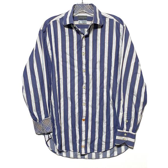 Thomas Dean Blue White Striped Button Down Shirt Mens M Flip Cuff Preppy Office - Picture 1 of 6